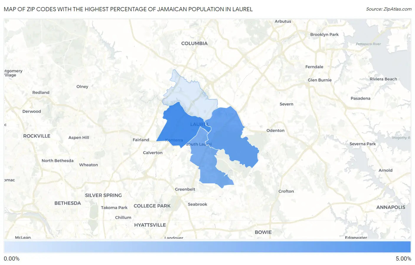 Zip Codes with the Highest Percentage of Jamaican Population in Laurel Map