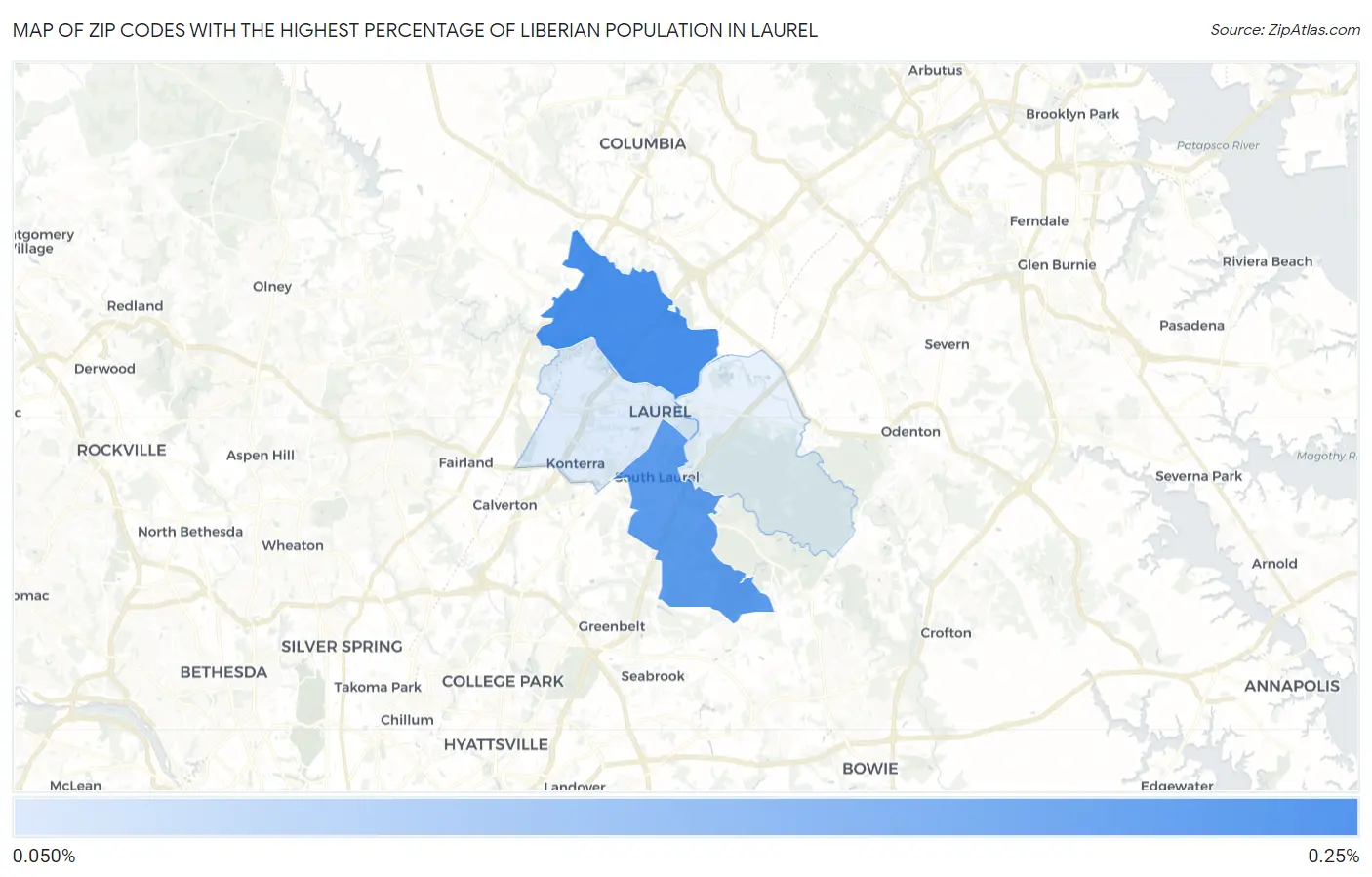Zip Codes with the Highest Percentage of Liberian Population in Laurel Map