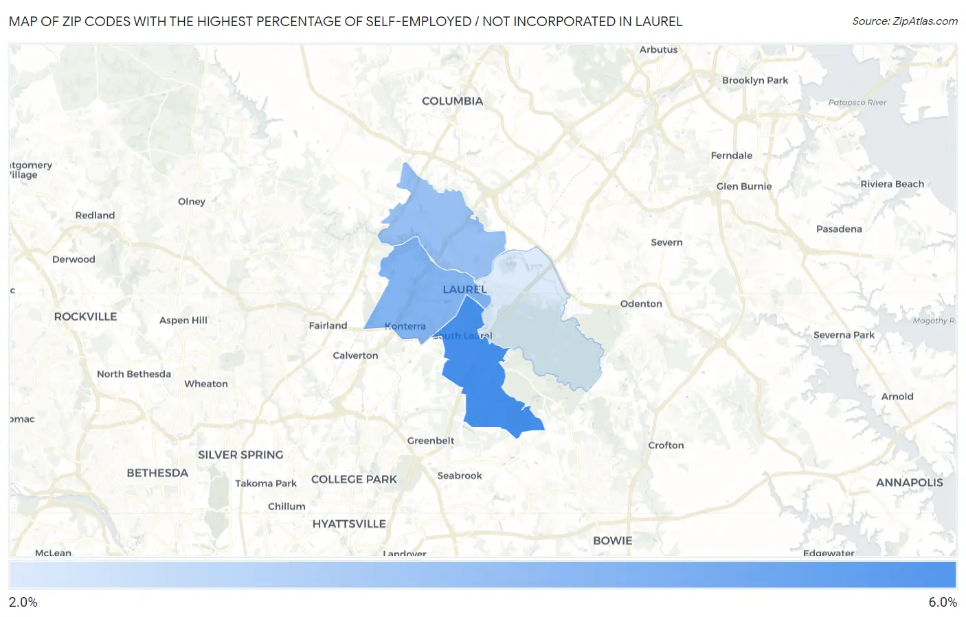 Zip Codes with the Highest Percentage of Self-Employed / Not Incorporated in Laurel Map