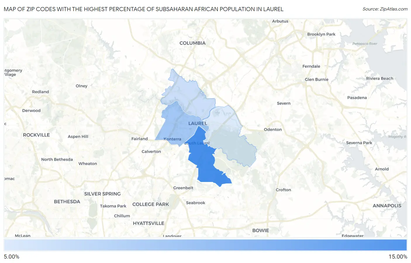 Zip Codes with the Highest Percentage of Subsaharan African Population in Laurel Map