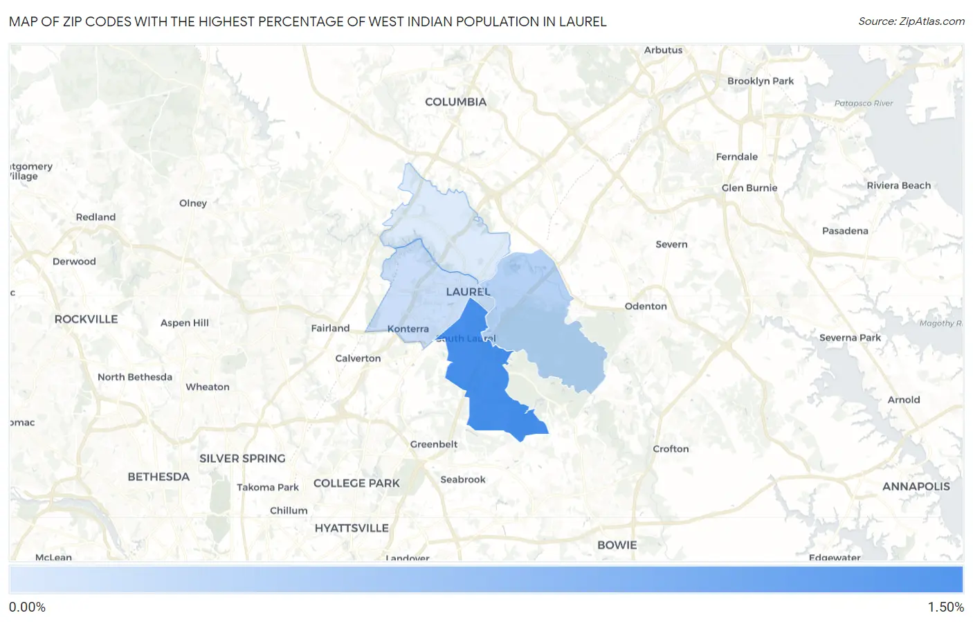 Zip Codes with the Highest Percentage of West Indian Population in Laurel Map