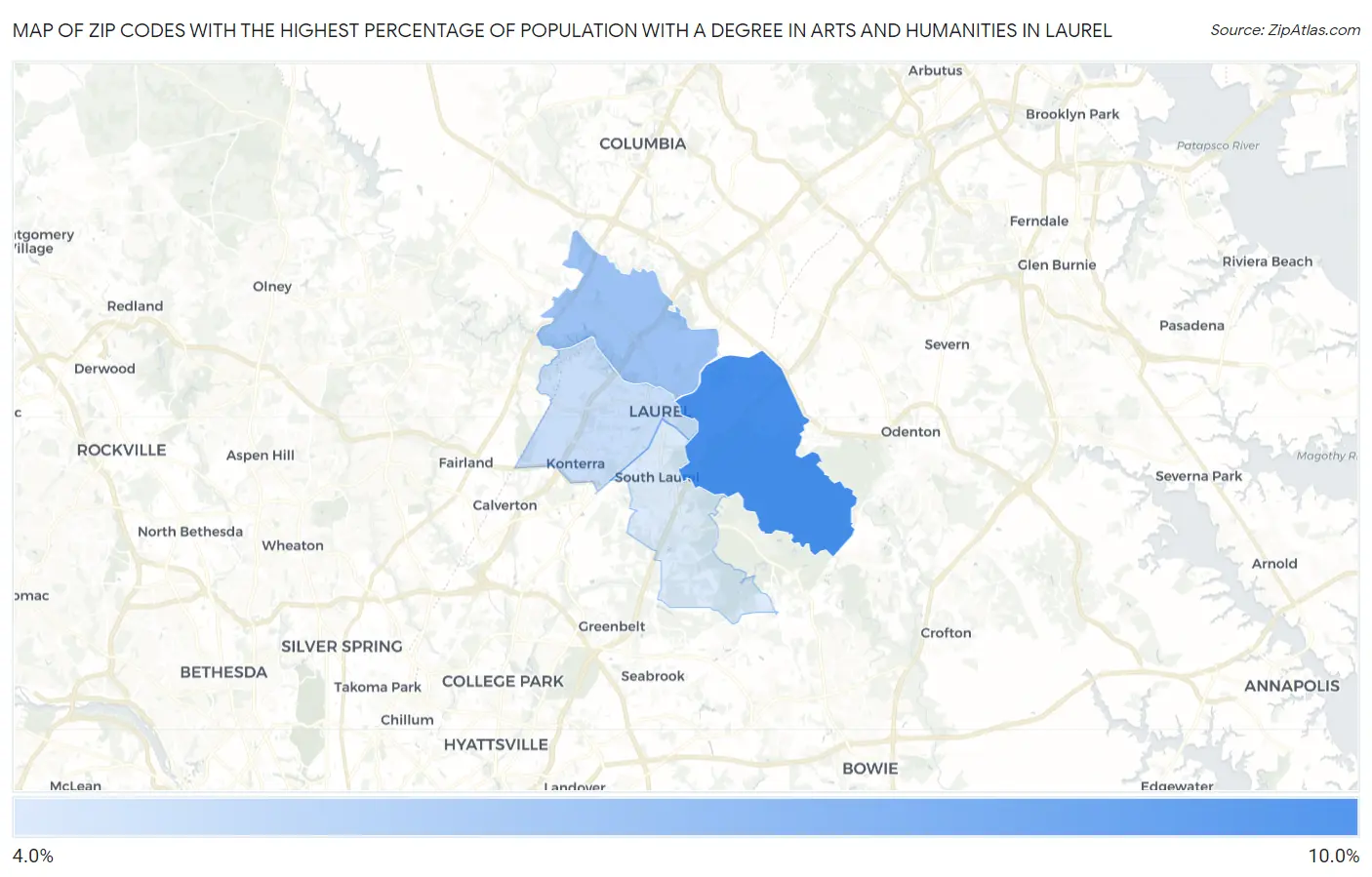 Zip Codes with the Highest Percentage of Population with a Degree in Arts and Humanities in Laurel Map