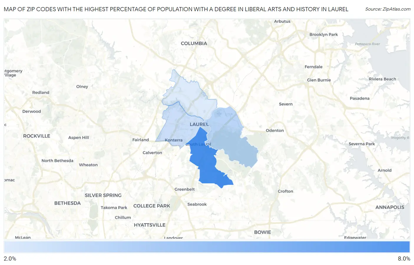 Zip Codes with the Highest Percentage of Population with a Degree in Liberal Arts and History in Laurel Map