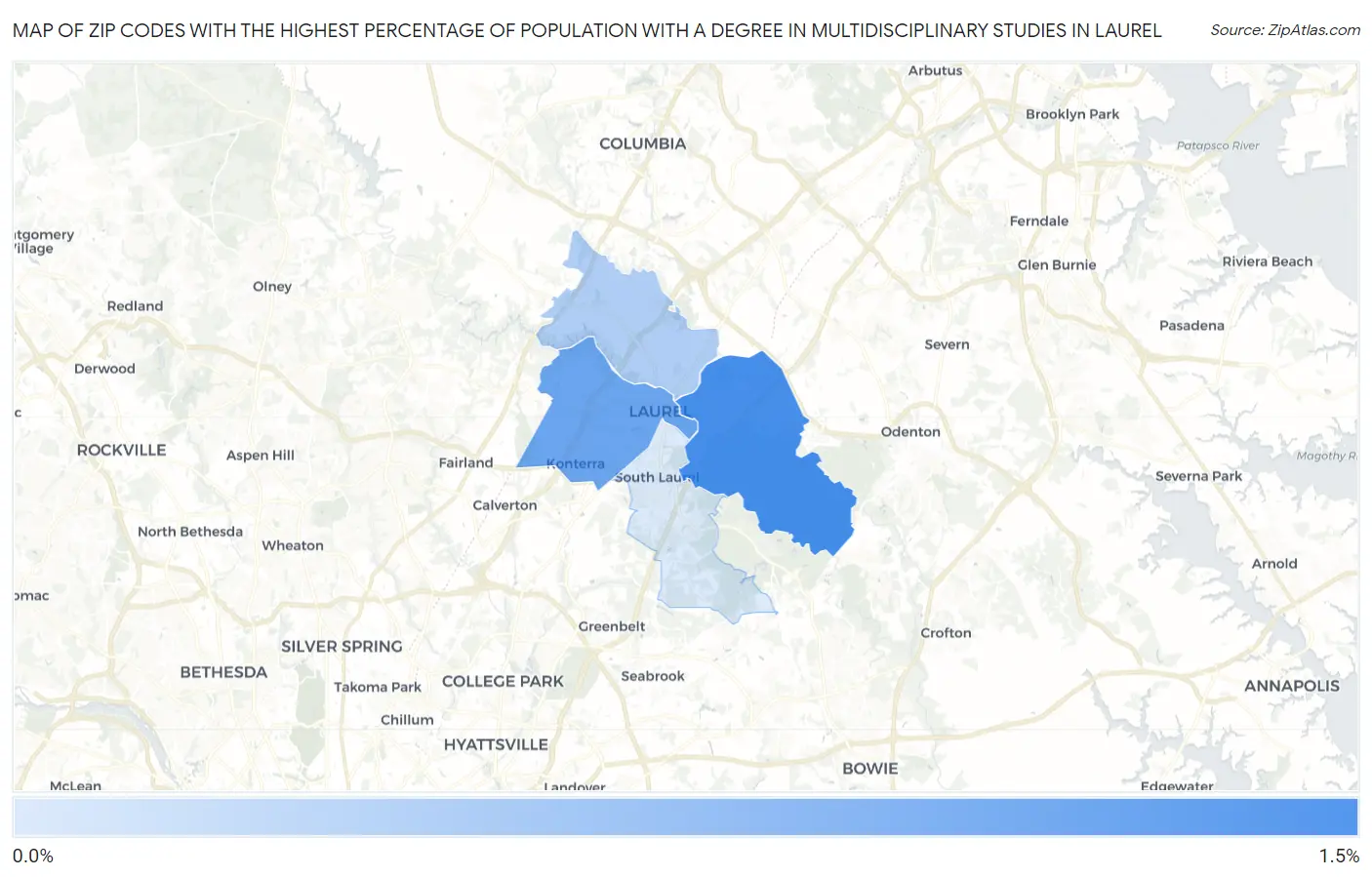 Zip Codes with the Highest Percentage of Population with a Degree in Multidisciplinary Studies in Laurel Map