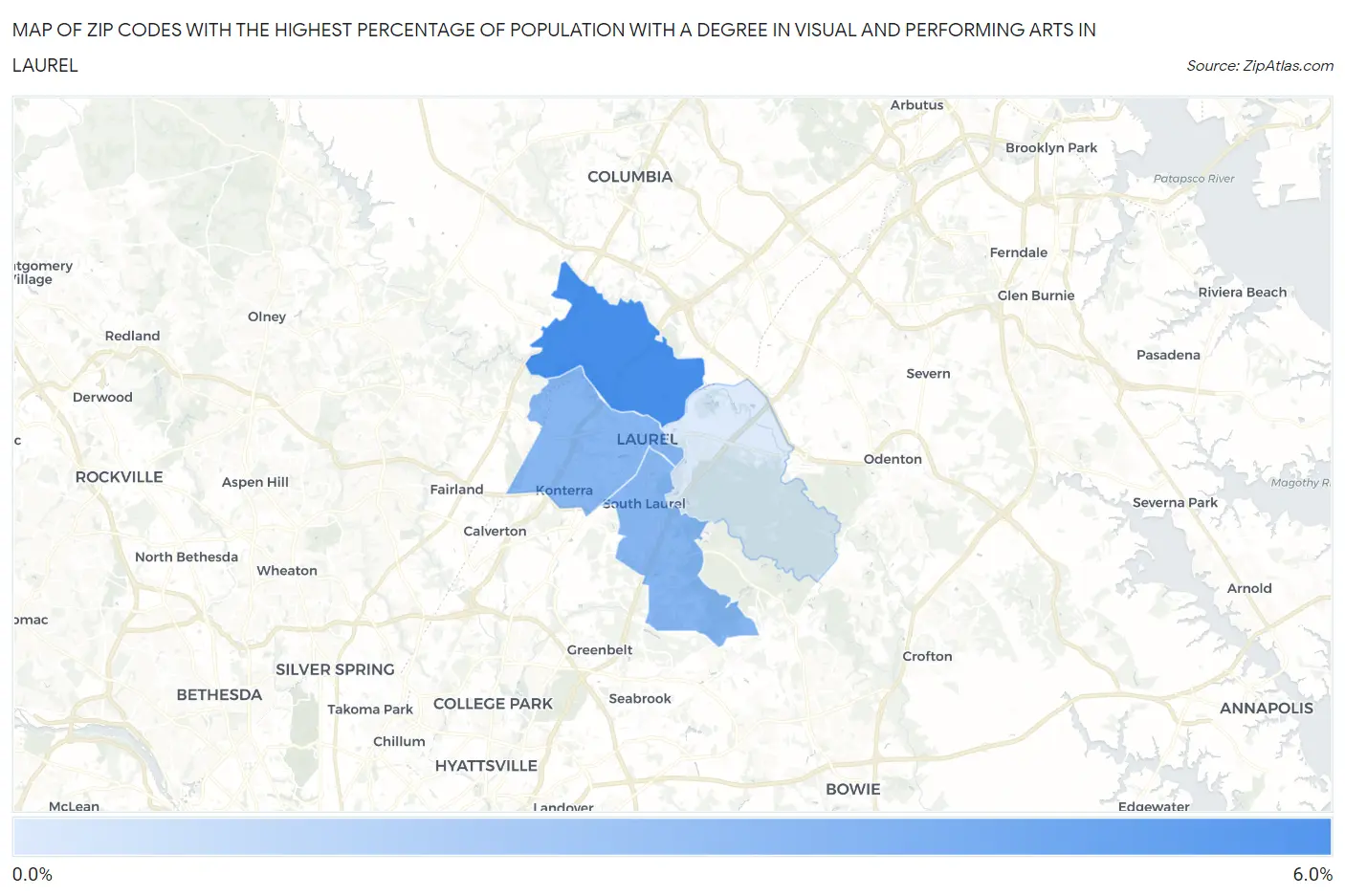 Zip Codes with the Highest Percentage of Population with a Degree in Visual and Performing Arts in Laurel Map