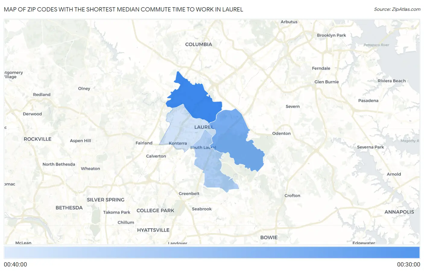 Zip Codes with the Shortest Median Commute Time to Work in Laurel Map