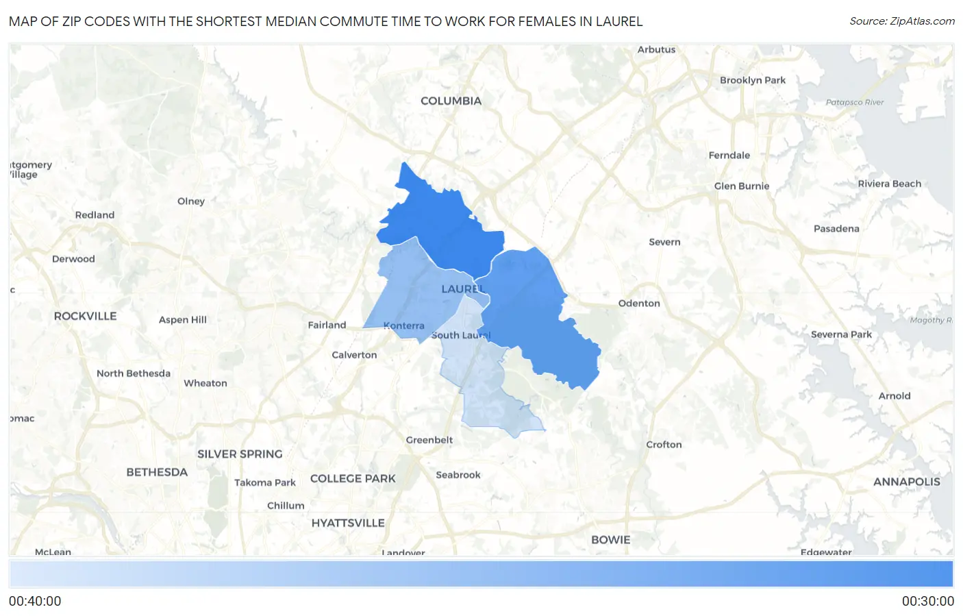 Zip Codes with the Shortest Median Commute Time to Work for Females in Laurel Map