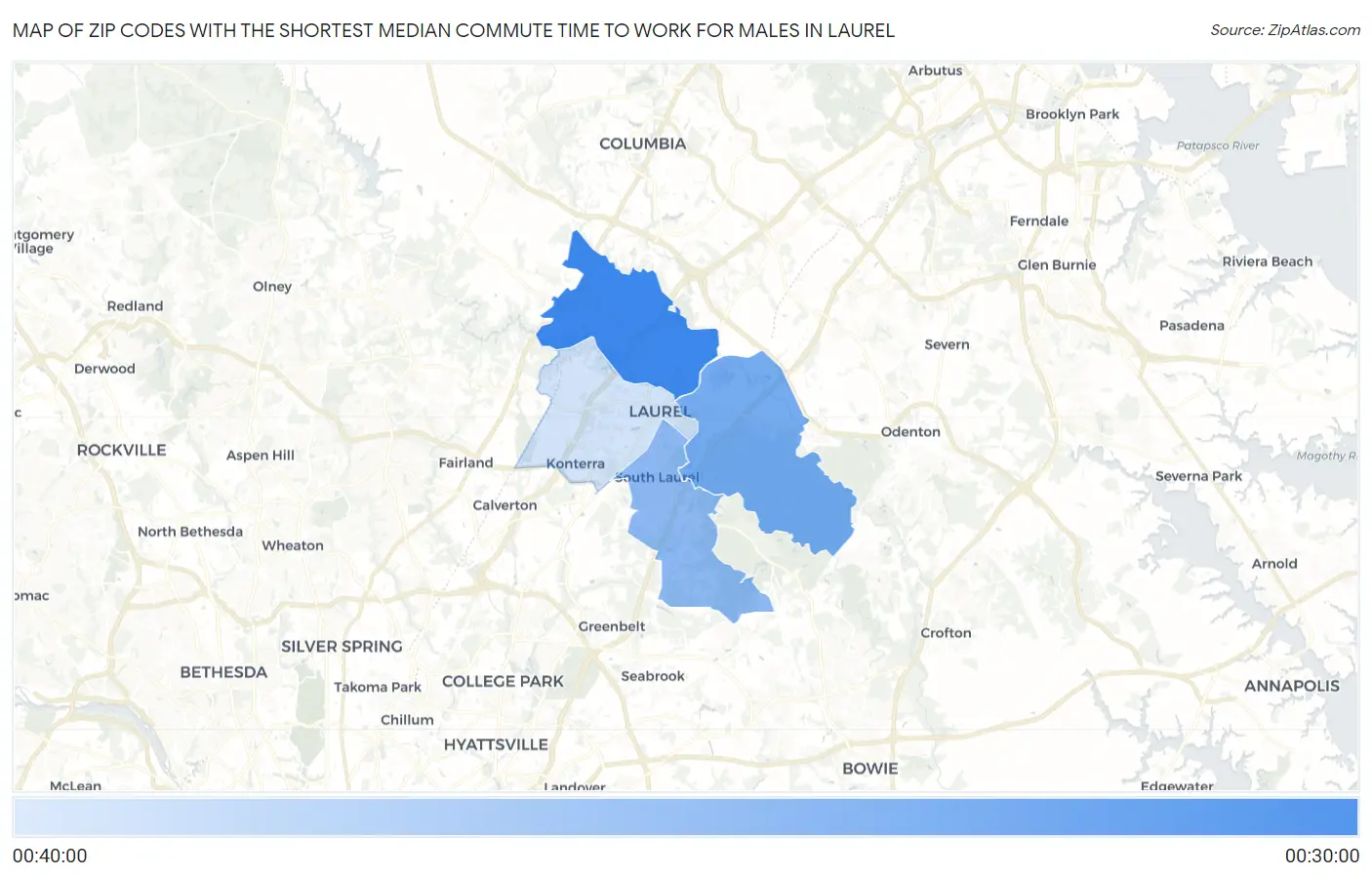 Zip Codes with the Shortest Median Commute Time to Work for Males in Laurel Map