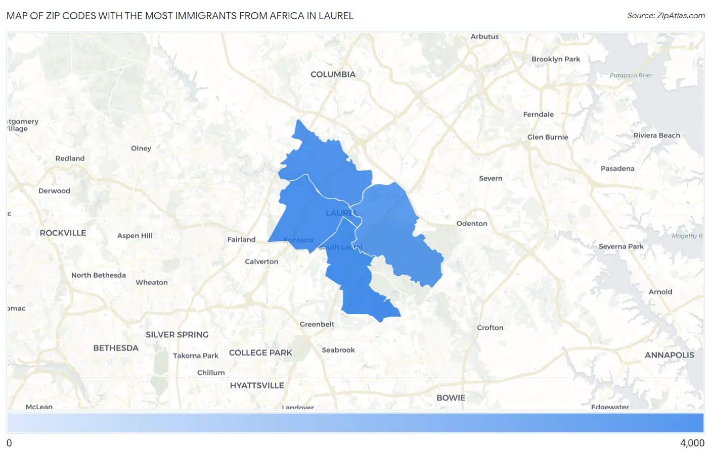 Zip Codes with the Most Immigrants from Africa in Laurel Map