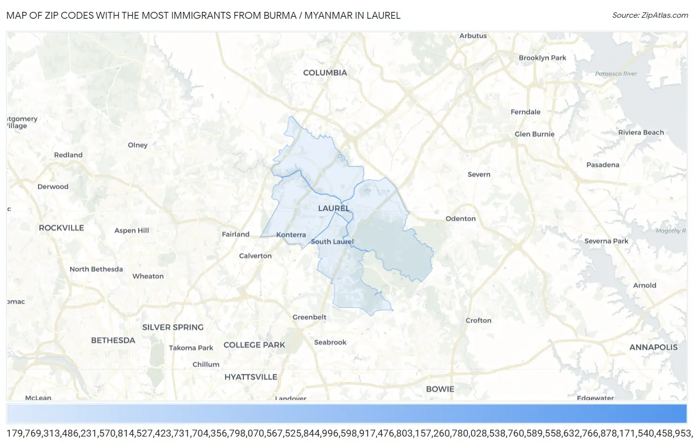 Zip Codes with the Most Immigrants from Burma / Myanmar in Laurel Map