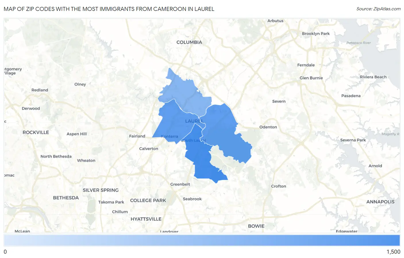 Zip Codes with the Most Immigrants from Cameroon in Laurel Map