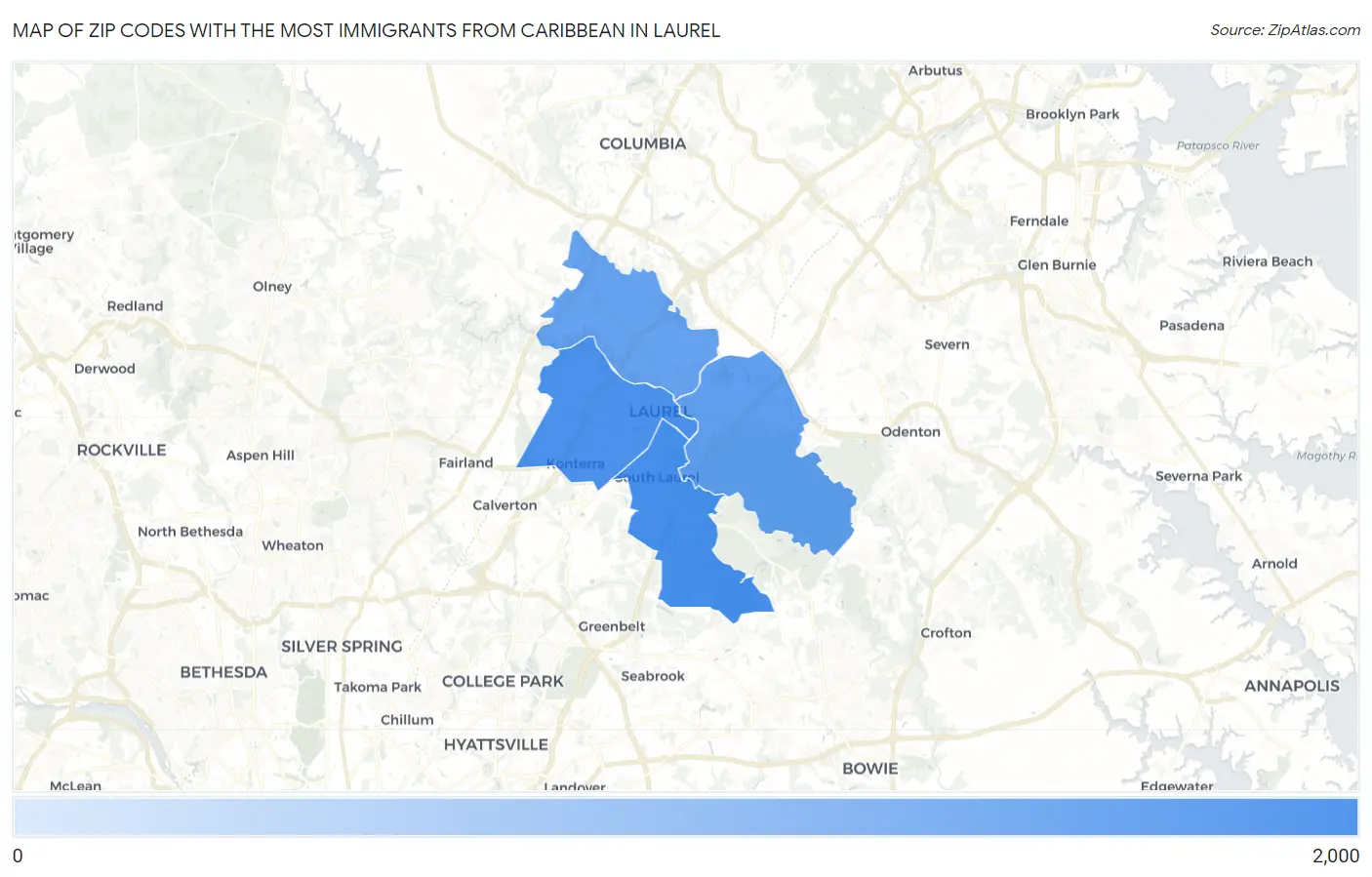 Zip Codes with the Most Immigrants from Caribbean in Laurel Map