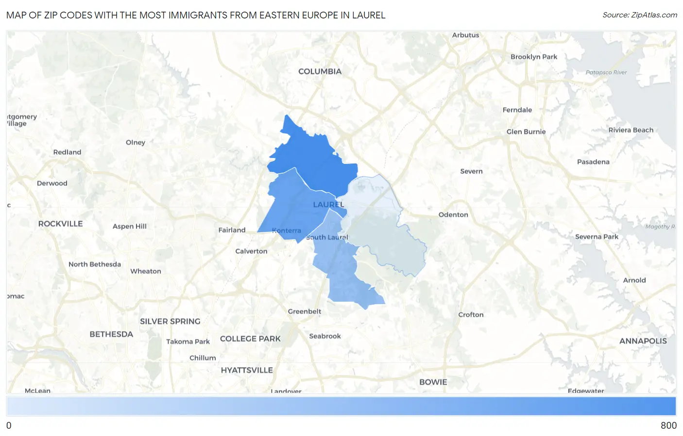 Zip Codes with the Most Immigrants from Eastern Europe in Laurel Map