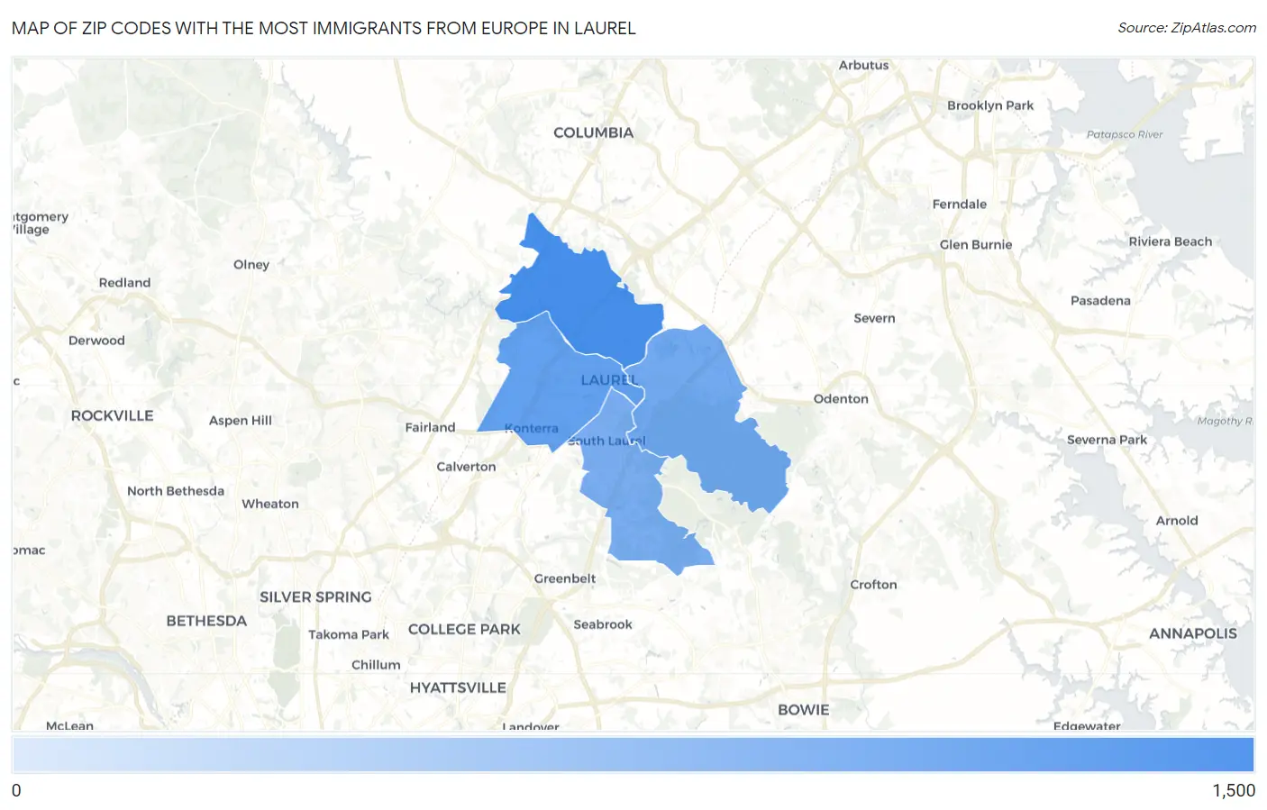 Zip Codes with the Most Immigrants from Europe in Laurel Map