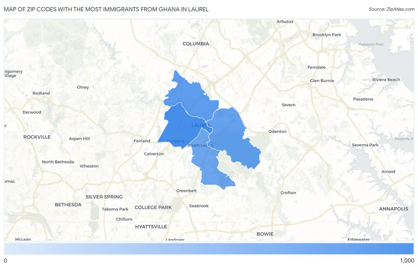 Zip Codes with the Most Immigrants from Ghana in Laurel Map
