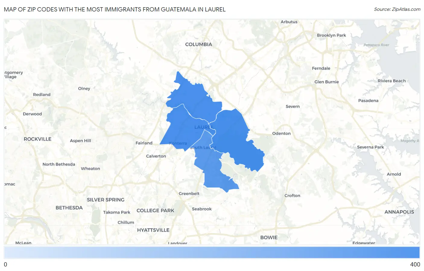 Zip Codes with the Most Immigrants from Guatemala in Laurel Map