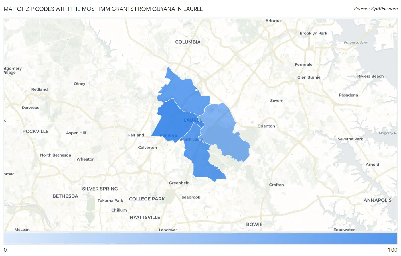 Zip Codes with the Most Immigrants from Guyana in Laurel Map