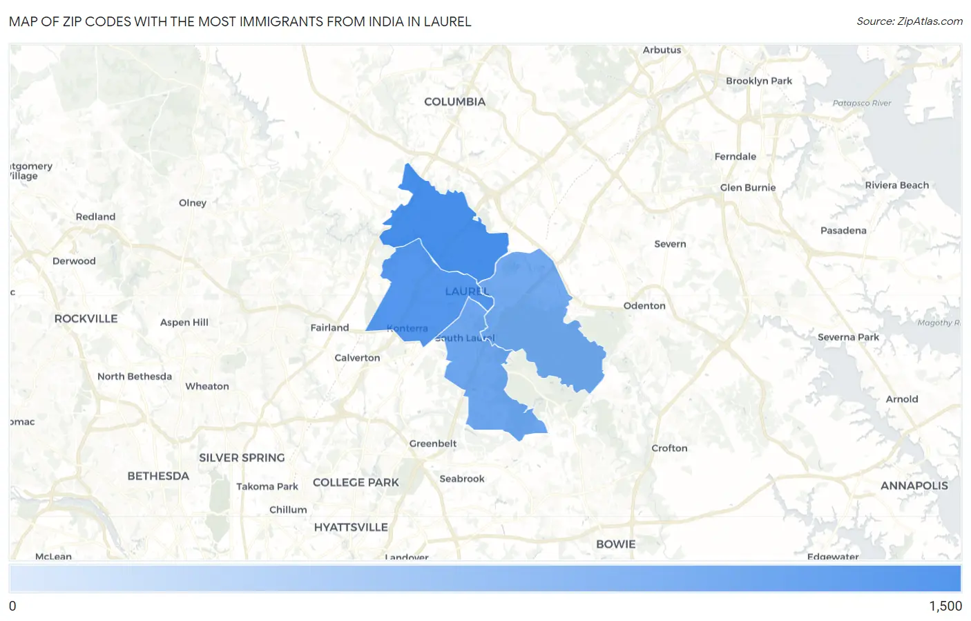 Zip Codes with the Most Immigrants from India in Laurel Map