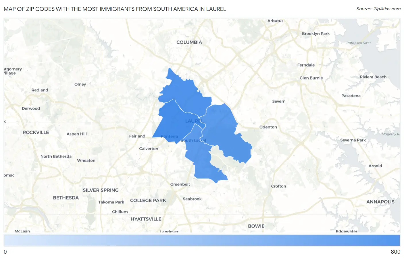 Zip Codes with the Most Immigrants from South America in Laurel Map
