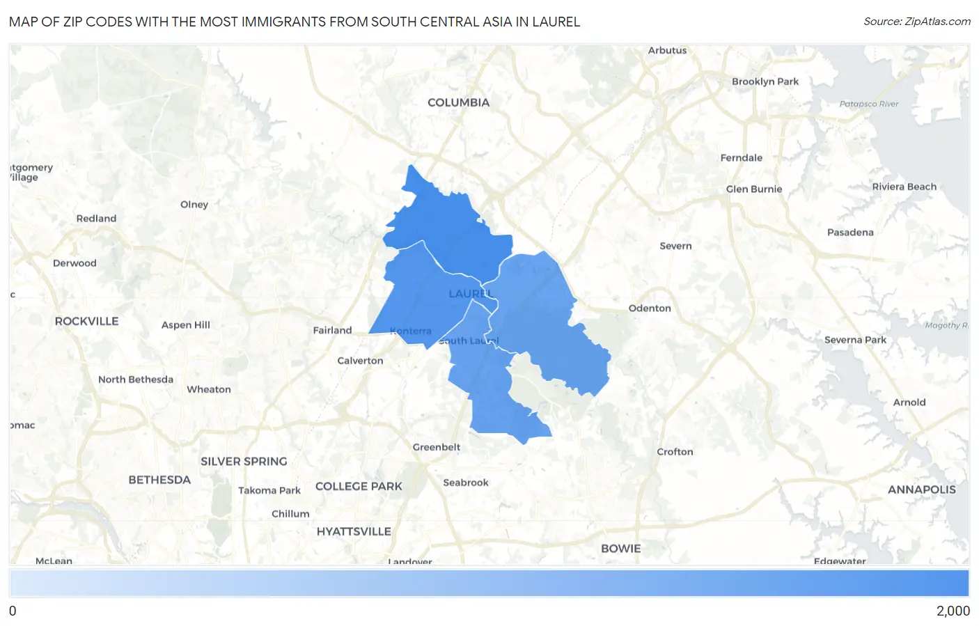 Zip Codes with the Most Immigrants from South Central Asia in Laurel Map