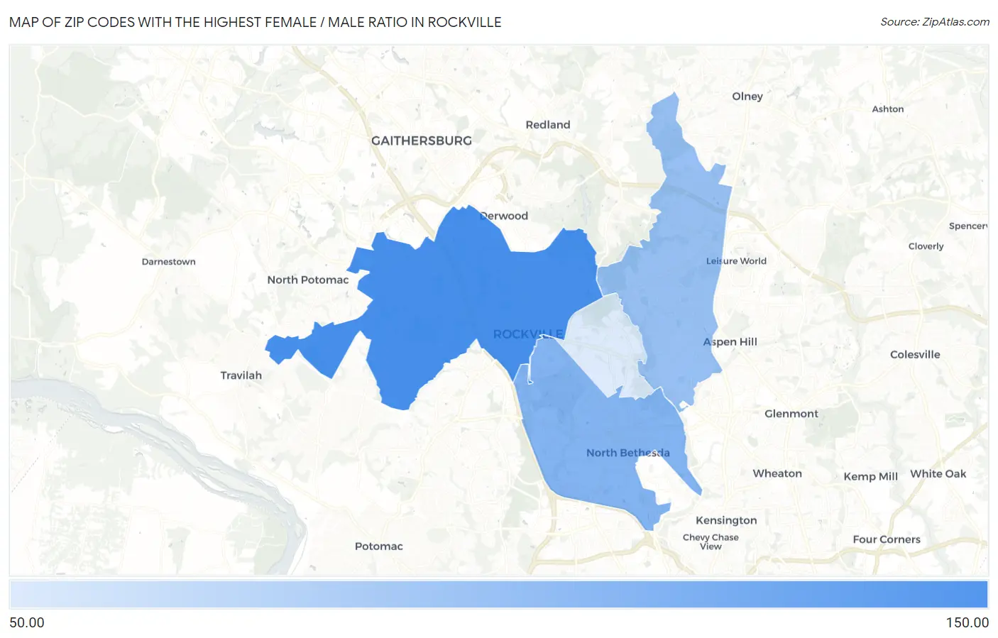 Zip Codes with the Highest Female / Male Ratio in Rockville Map