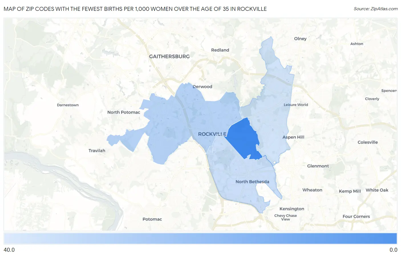 Zip Codes with the Fewest Births per 1,000 Women Over the Age of 35 in Rockville Map