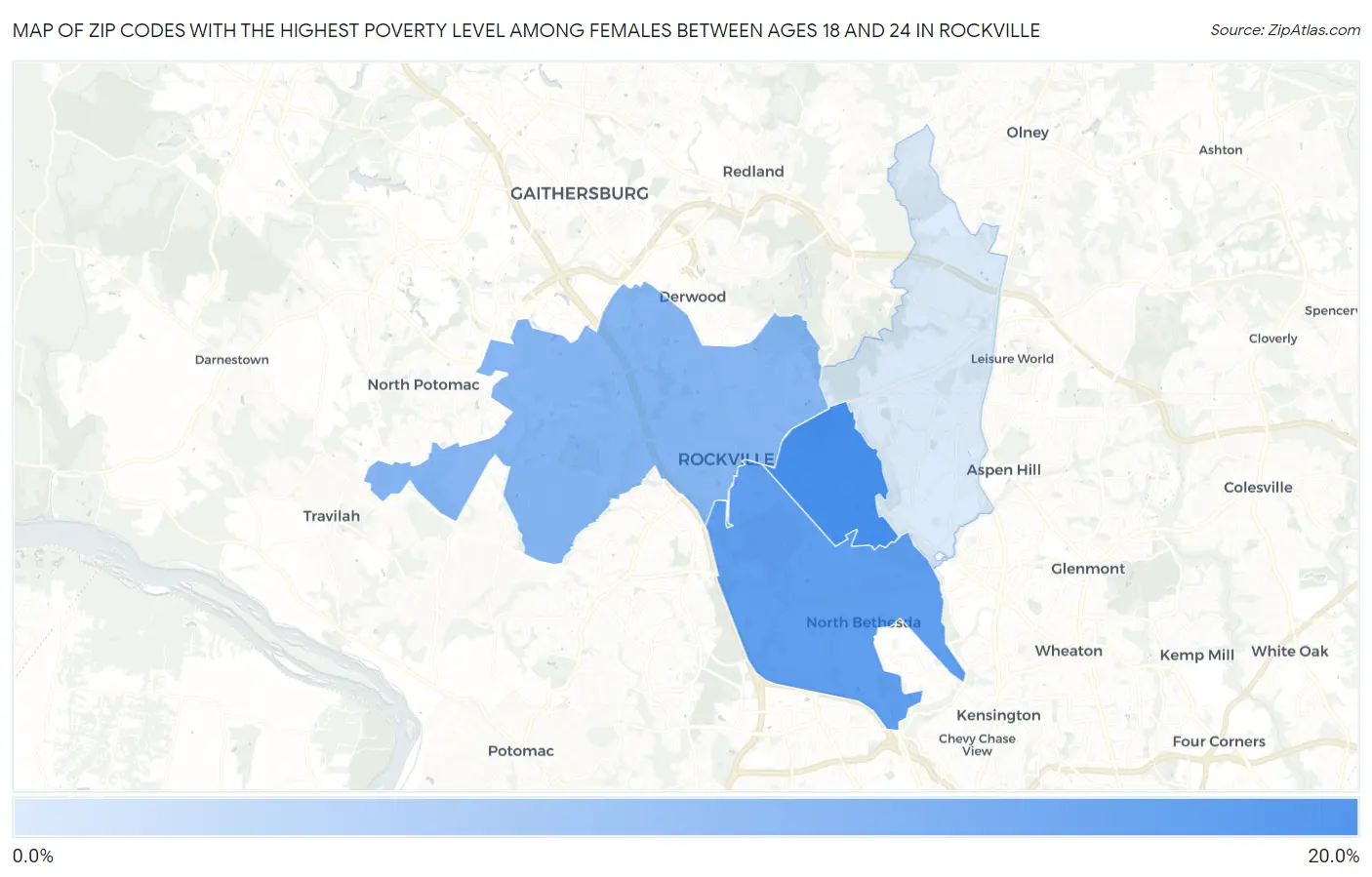 Zip Codes with the Highest Poverty Level Among Females Between Ages 18 and 24 in Rockville Map