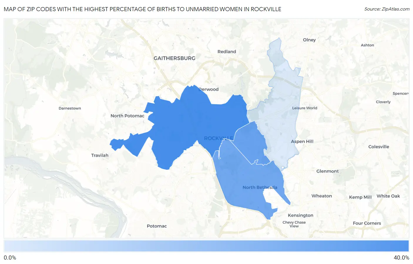 Zip Codes with the Highest Percentage of Births to Unmarried Women in Rockville Map