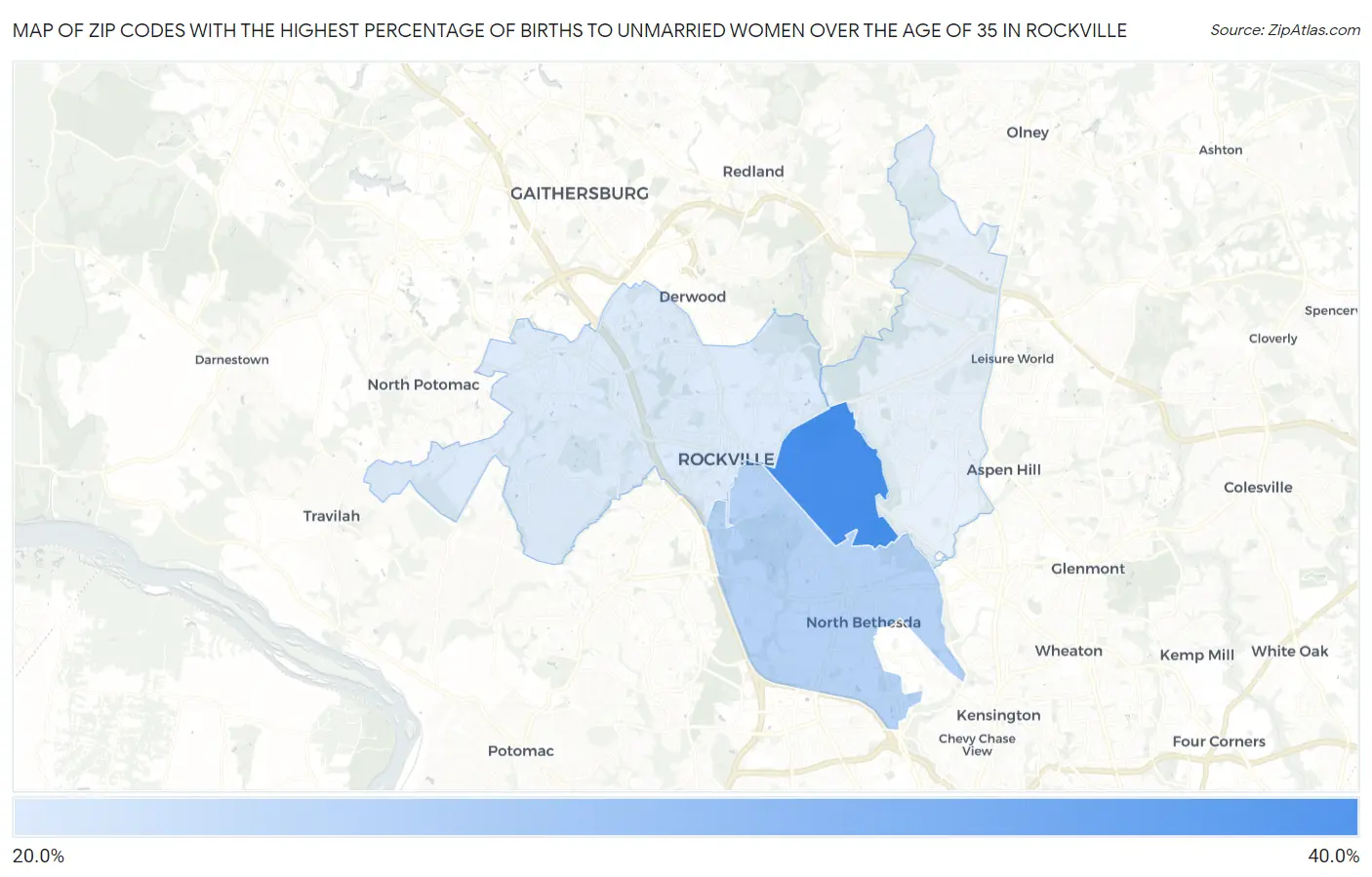 Zip Codes with the Highest Percentage of Births to Unmarried Women over the Age of 35 in Rockville Map