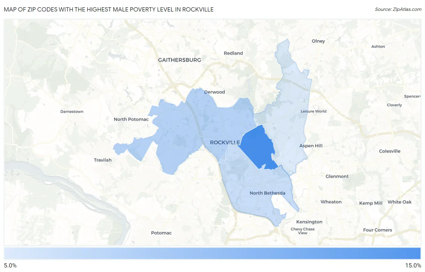 Zip Codes with the Highest Male Poverty Level in Rockville Map