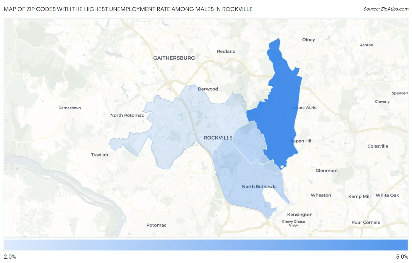 Zip Codes with the Highest Unemployment Rate Among Males in Rockville Map