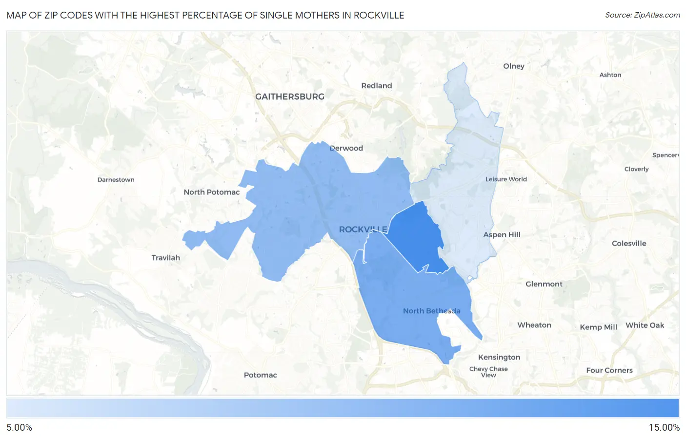Zip Codes with the Highest Percentage of Single Mothers in Rockville Map