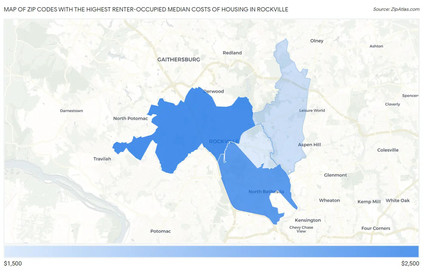 Zip Codes with the Highest Renter-Occupied Median Costs of Housing in Rockville Map