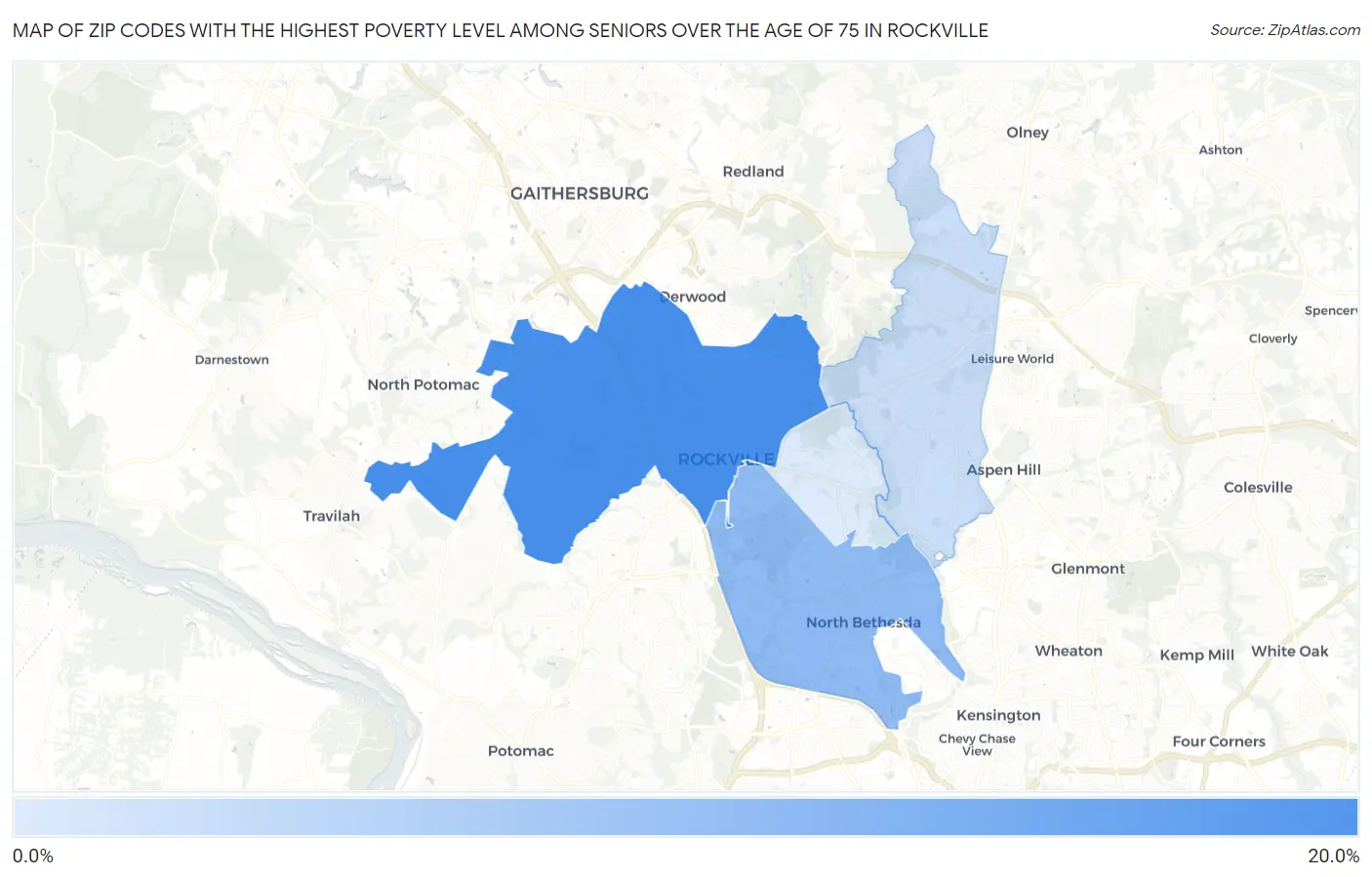 Zip Codes with the Highest Poverty Level Among Seniors Over the Age of 75 in Rockville Map