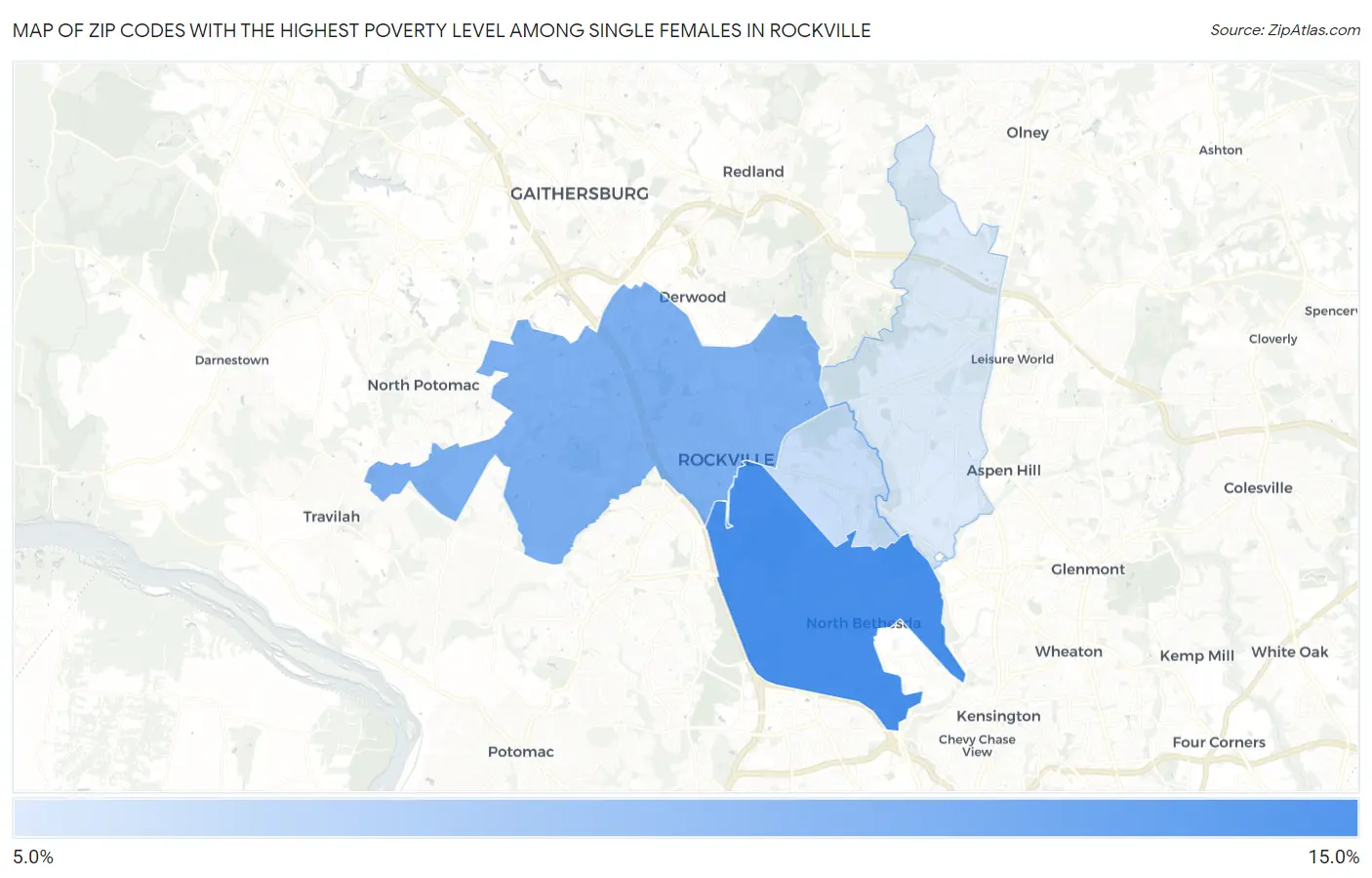 Zip Codes with the Highest Poverty Level Among Single Females in Rockville Map