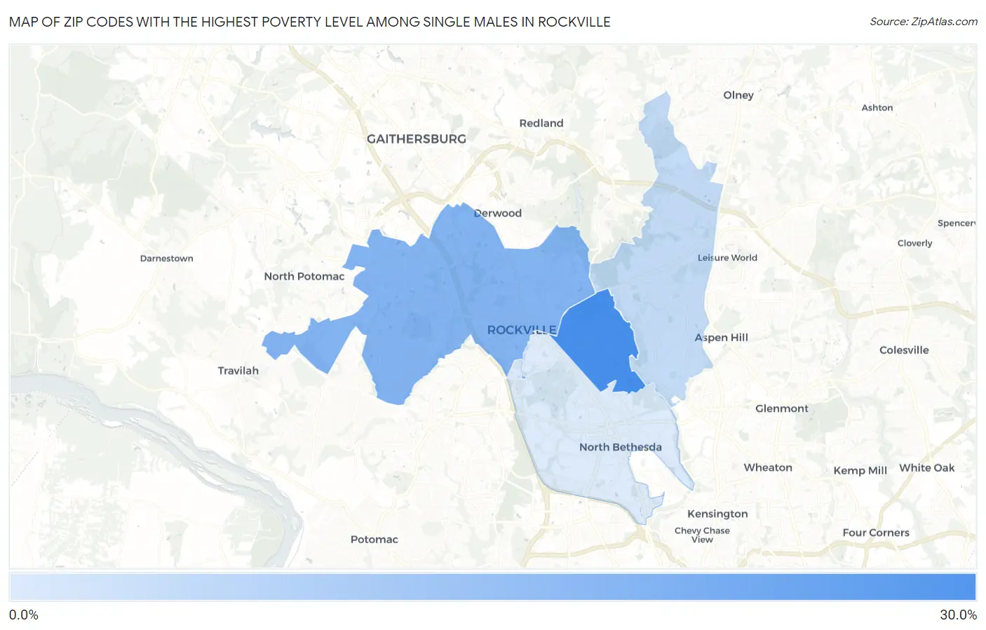 Zip Codes with the Highest Poverty Level Among Single Males in Rockville Map