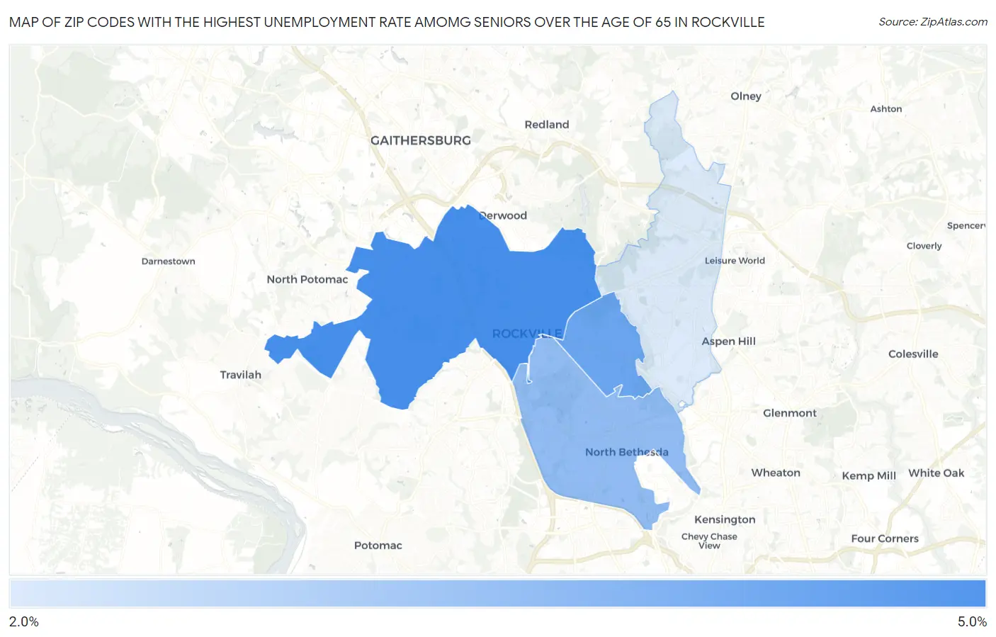 Zip Codes with the Highest Unemployment Rate Amomg Seniors Over the Age of 65 in Rockville Map