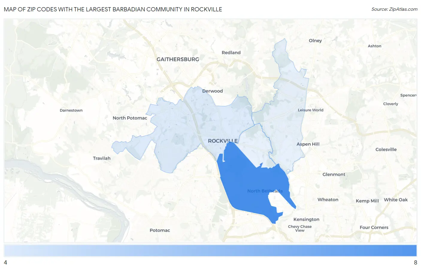 Zip Codes with the Largest Barbadian Community in Rockville Map