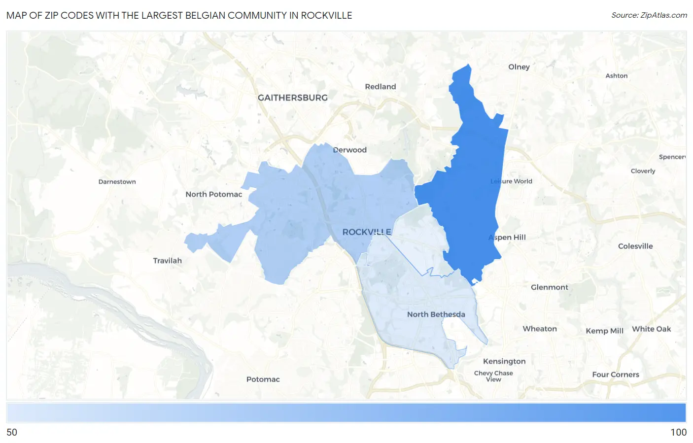 Zip Codes with the Largest Belgian Community in Rockville Map