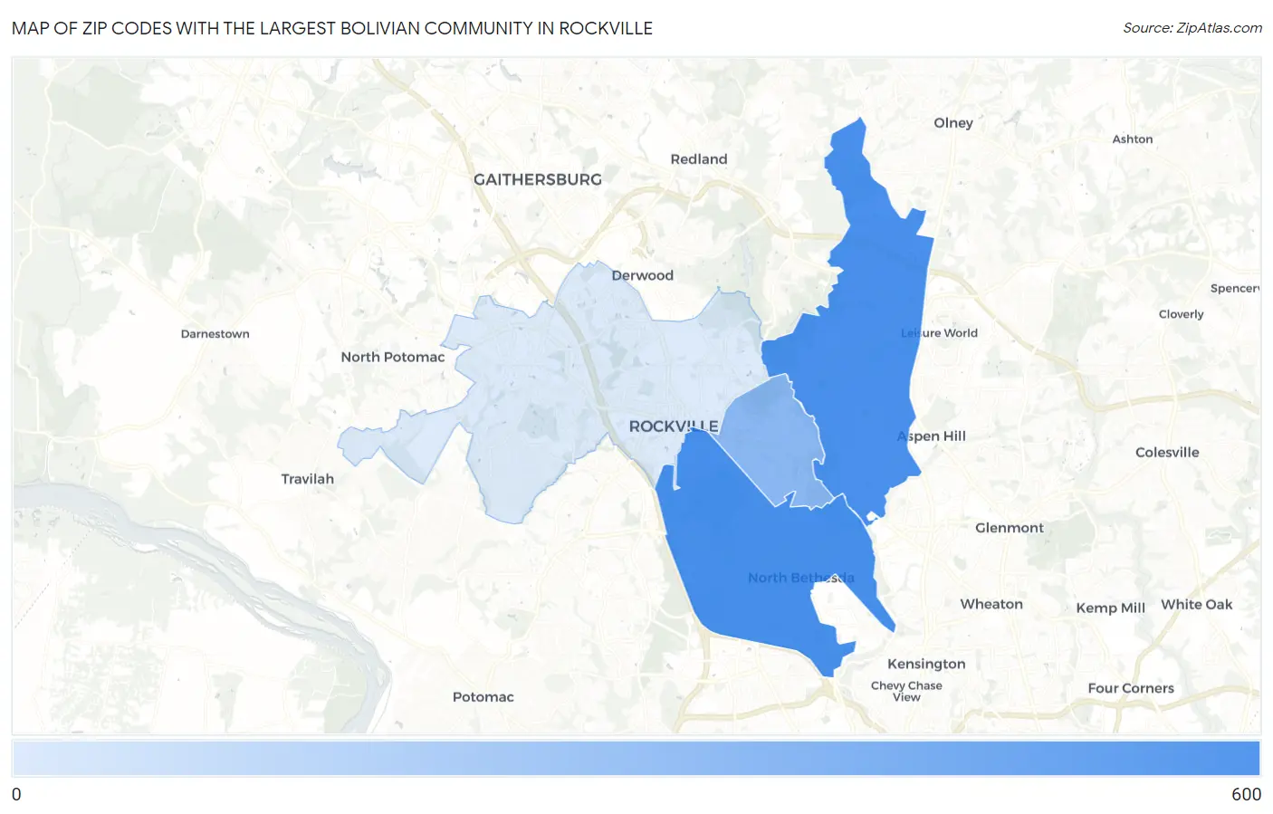 Zip Codes with the Largest Bolivian Community in Rockville Map