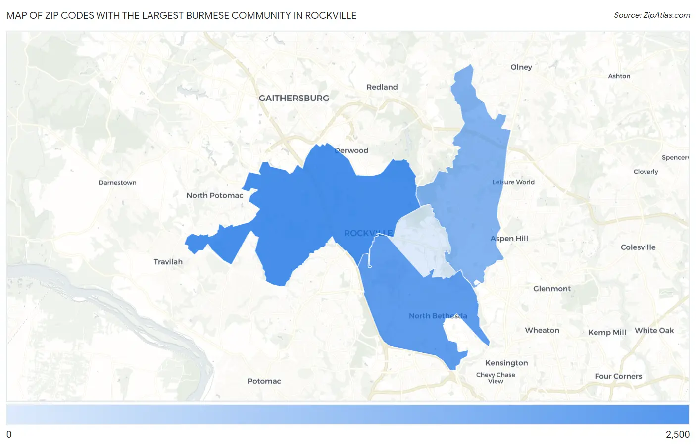 Zip Codes with the Largest Burmese Community in Rockville Map