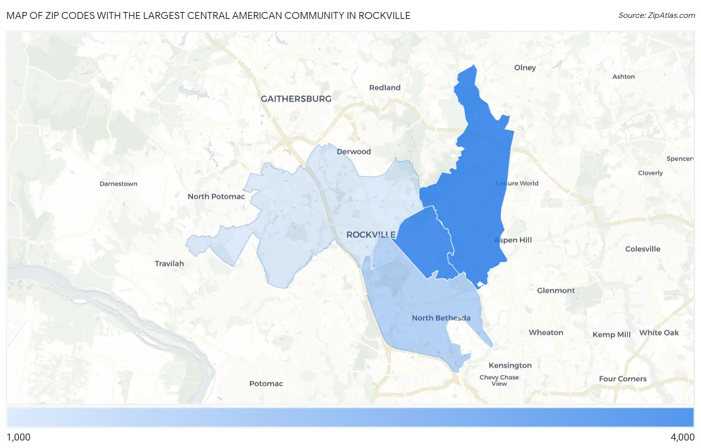 Zip Codes with the Largest Central American Community in Rockville Map