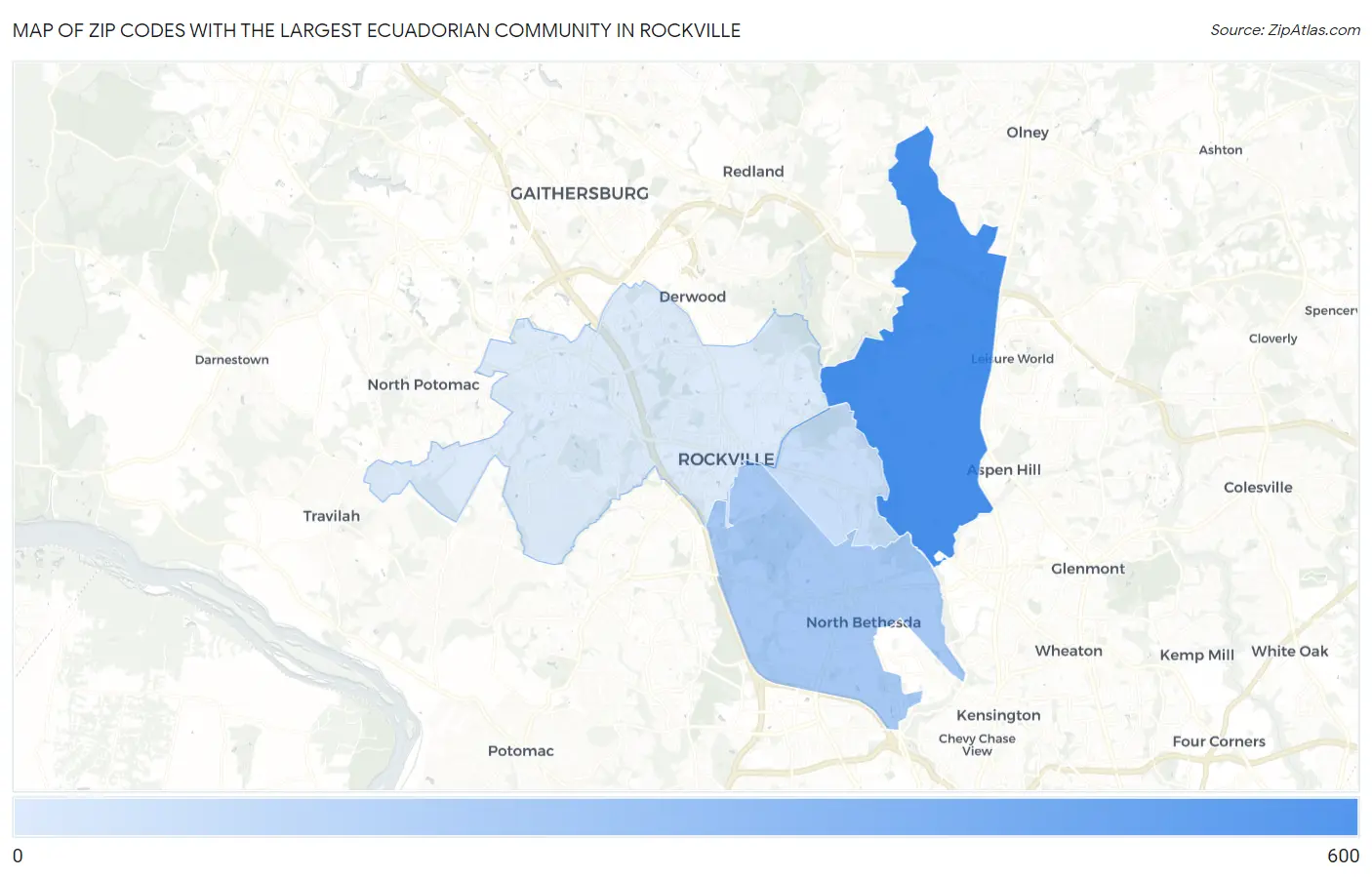 Zip Codes with the Largest Ecuadorian Community in Rockville Map