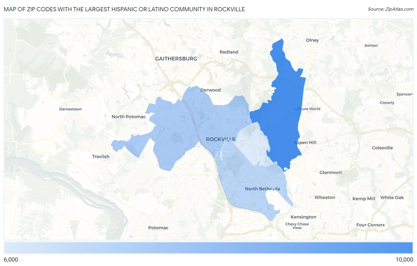 Zip Codes with the Largest Hispanic or Latino Community in Rockville Map