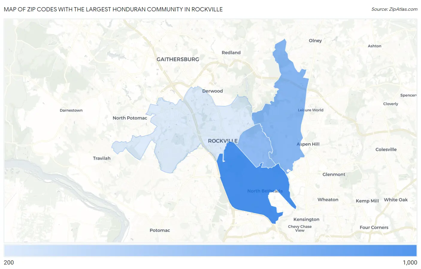 Zip Codes with the Largest Honduran Community in Rockville Map