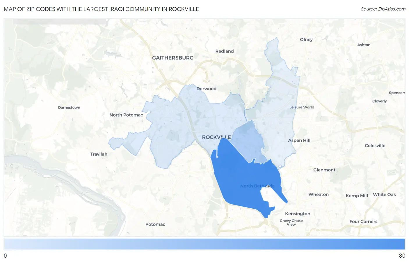 Zip Codes with the Largest Iraqi Community in Rockville Map