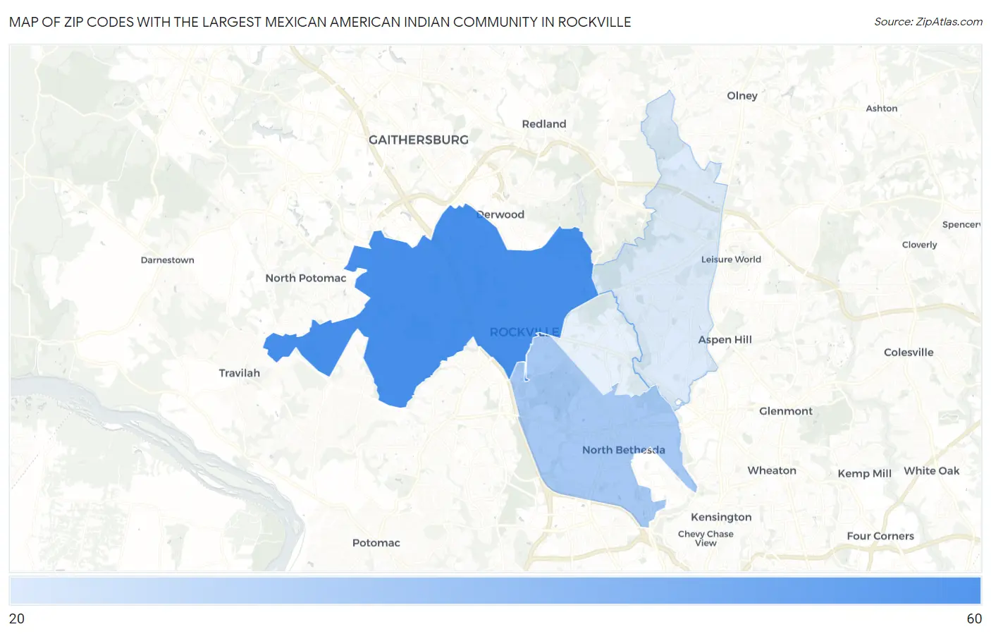 Zip Codes with the Largest Mexican American Indian Community in Rockville Map