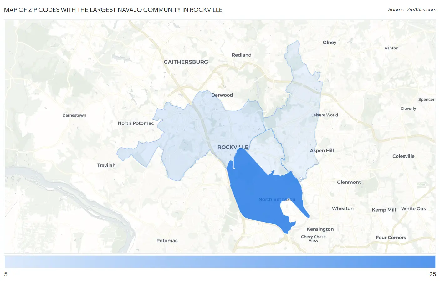 Zip Codes with the Largest Navajo Community in Rockville Map
