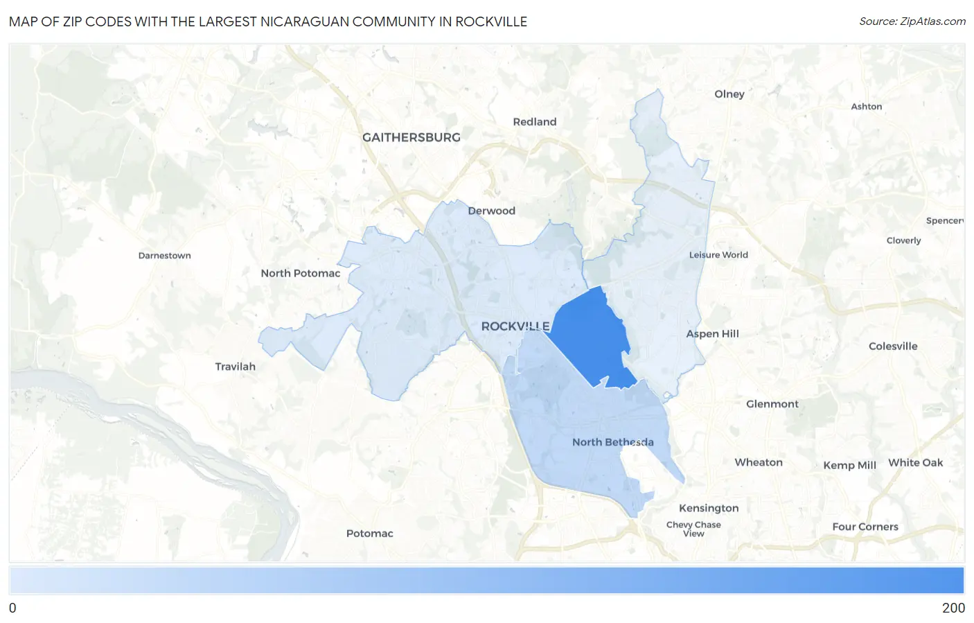 Zip Codes with the Largest Nicaraguan Community in Rockville Map