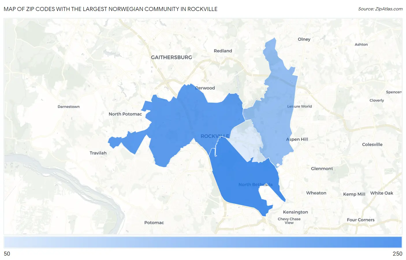 Zip Codes with the Largest Norwegian Community in Rockville Map